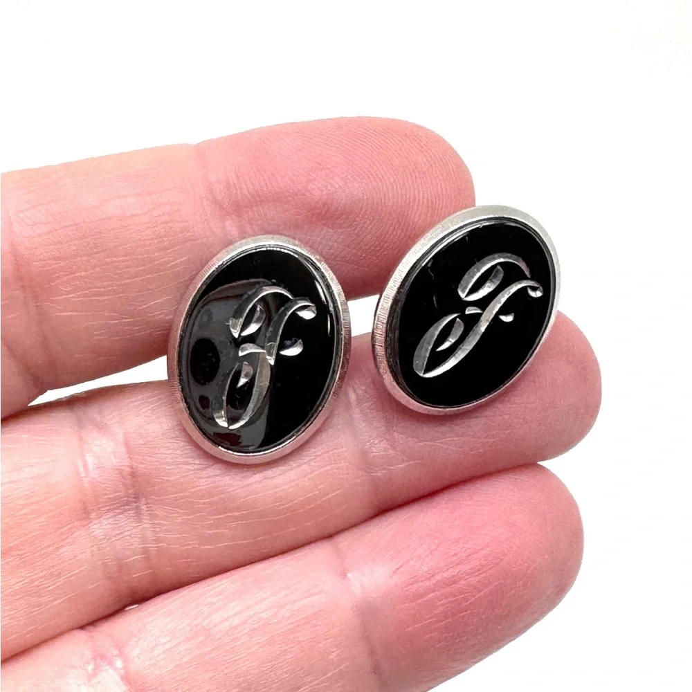 Vintage Anson F Engraved Silvertone Cufflinks and Tie Tack Set with Black Inlay